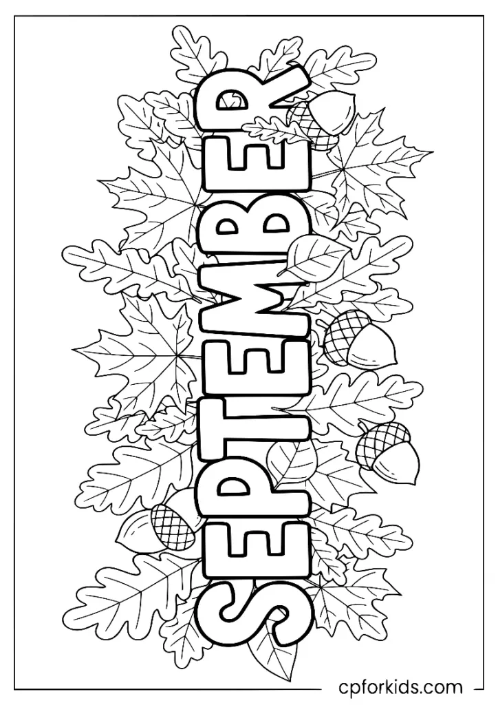 September lettering decorated with maple and oak leaves, September coloring page printable