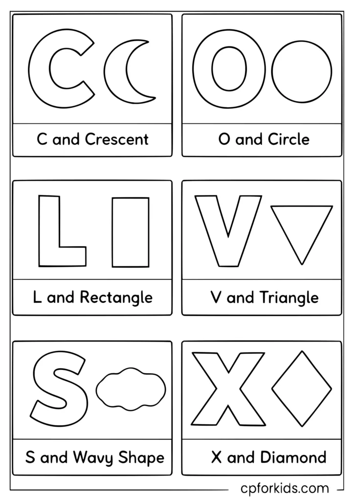 Shapes and letters coloring page for preschool learning matching letters to shapes