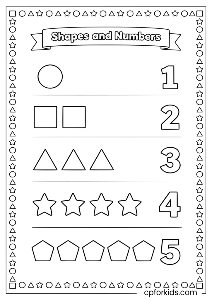 Shapes and numbers coloring page with count the shapes activity for kids