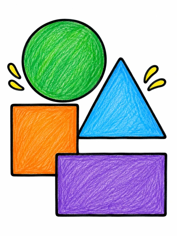 Green circle blue triangle orange square and purple rectangle