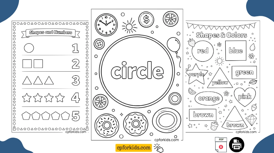 Shapes coloring pages for kids including a numbers worksheet, circle page, and color-by-shape activity
