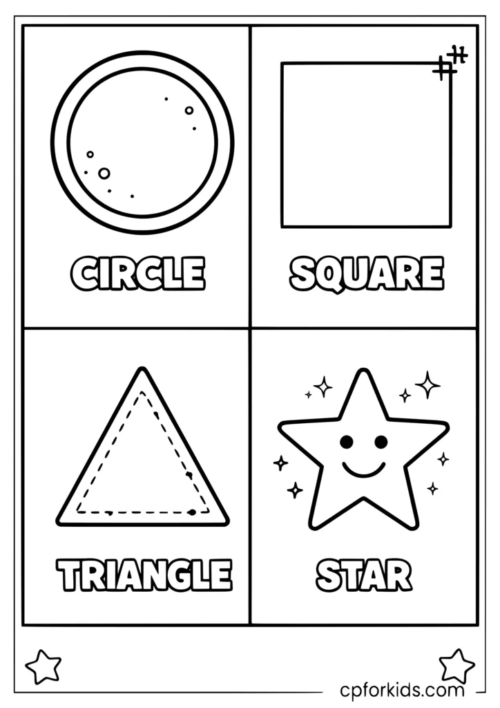 Shapes coloring sheet with circle square triangle and star in a printable grid for kids