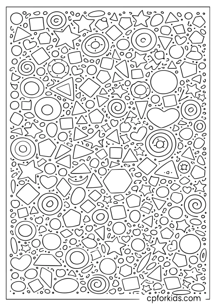 Shapes doodle pattern coloring sheet with hundreds of geometric shapes filling the page