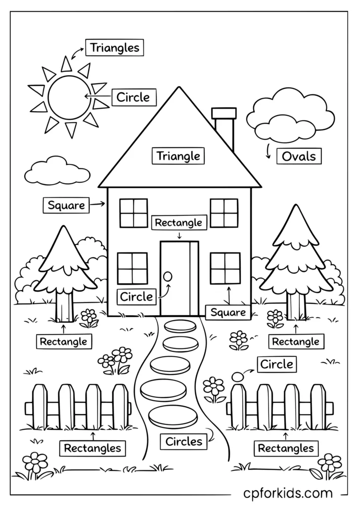 Shapes house scene coloring page showing a house built from basic shapes with labels for kids