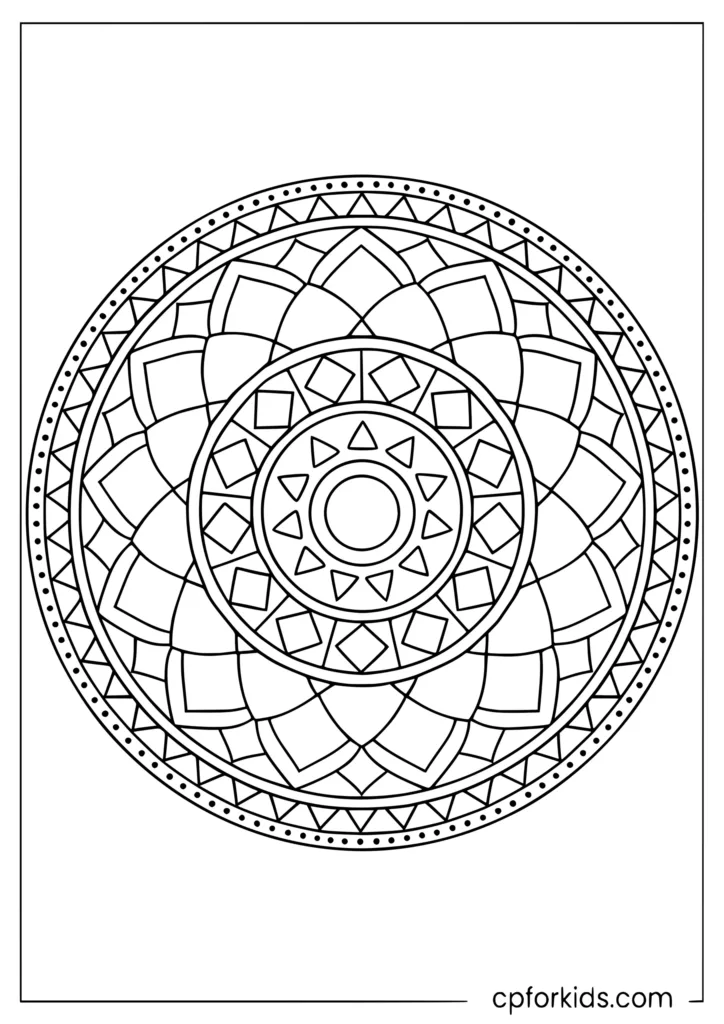 Shapes mandala coloring page with circles triangles squares diamonds and hexagons in symmetrical rings