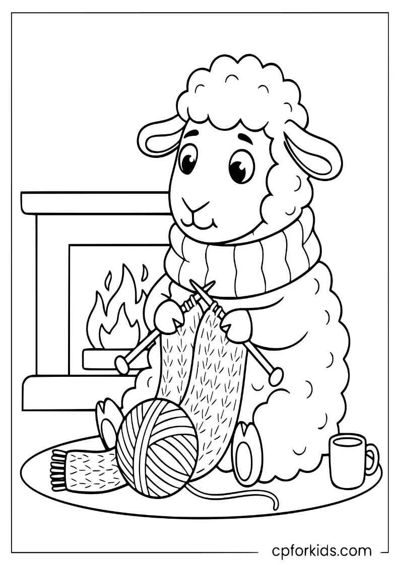 Sheep knitting a scarf near a fireplace