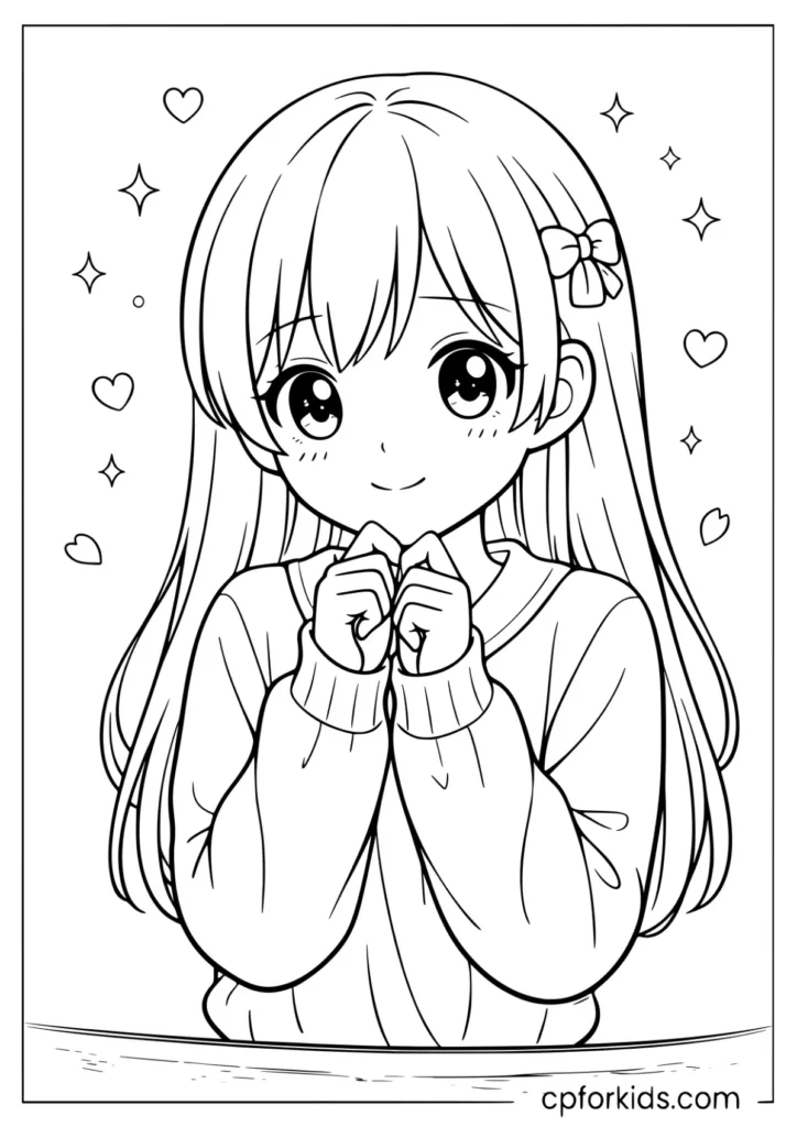 Shy anime girl with long hair portrait coloring page