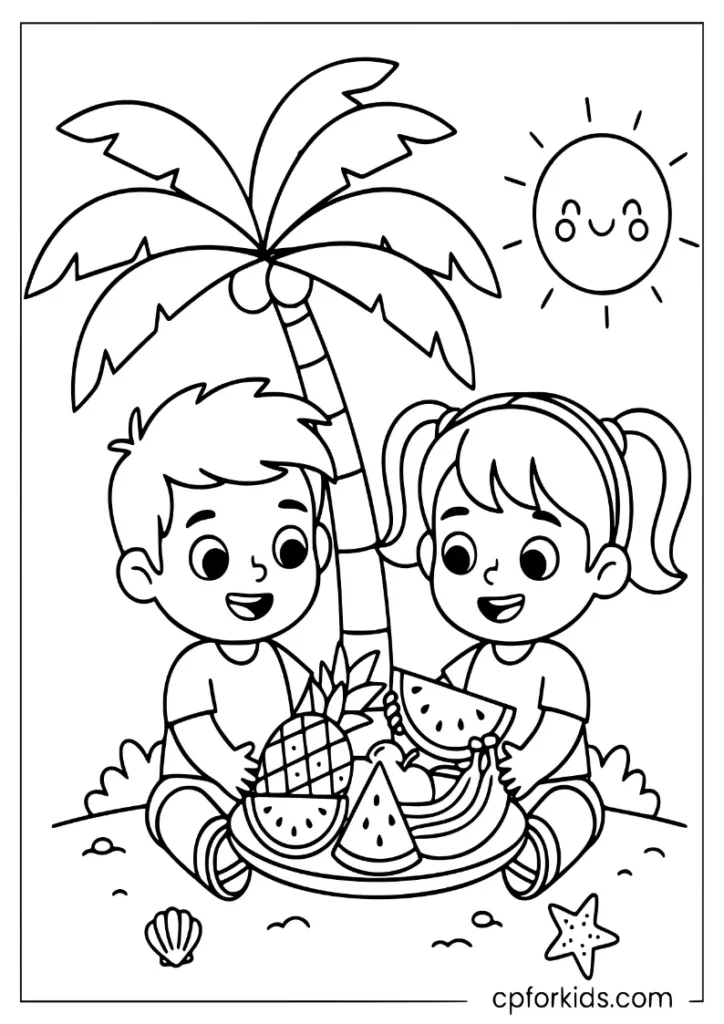 Two siblings sharing tropical fruit under a palm tree