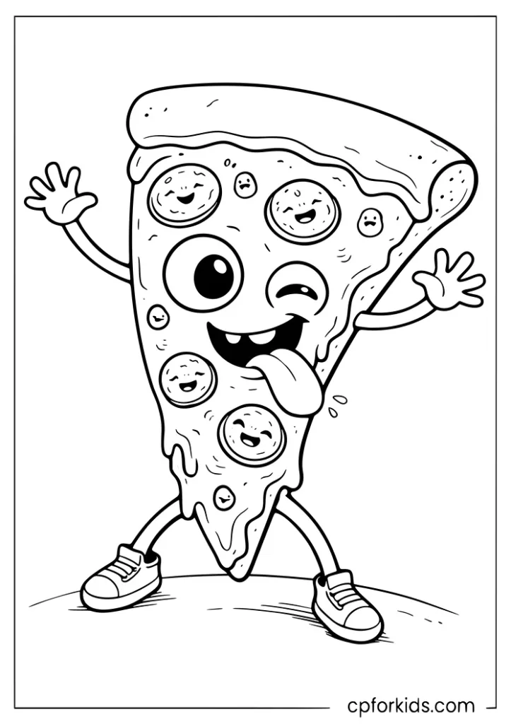 Silly cartoon pizza slice with tongue out and jazz hands funny pose coloring page for kids