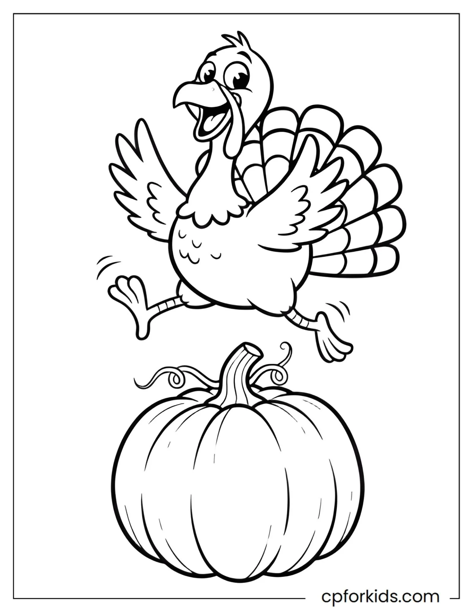 Turkey jumping above a pumpkin with both wings raised