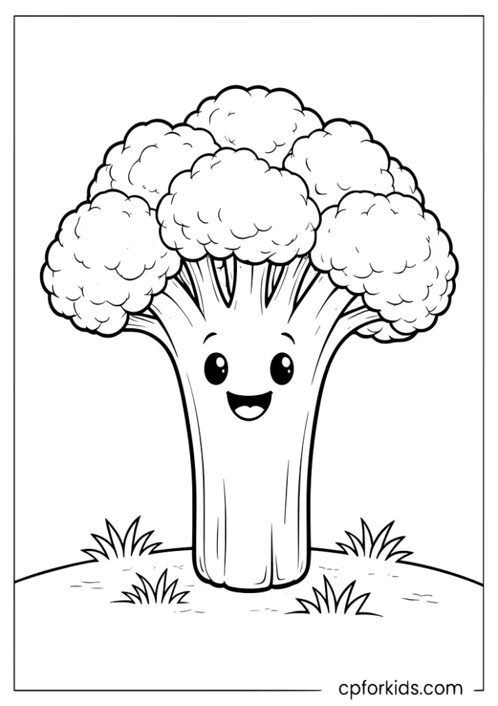 Simple broccoli with a big smile vegetable coloring page for preschoolers