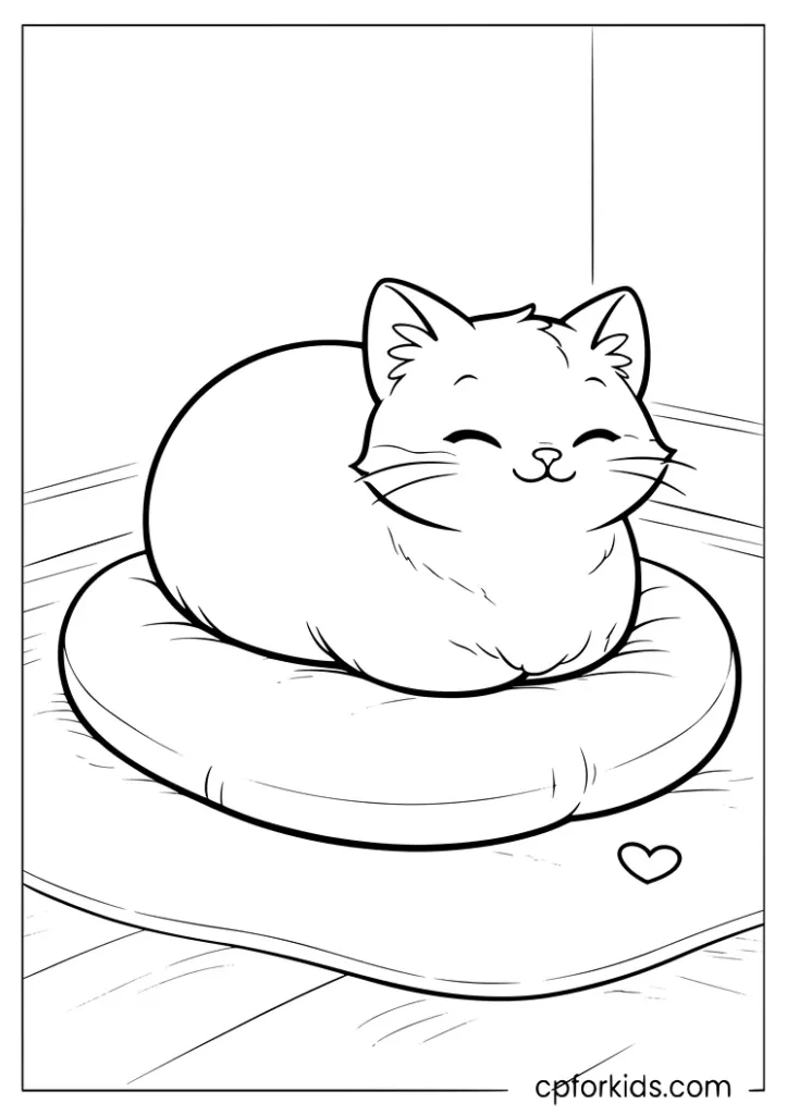 Simple cat loaf pose on a cushion coloring page for preschoolers