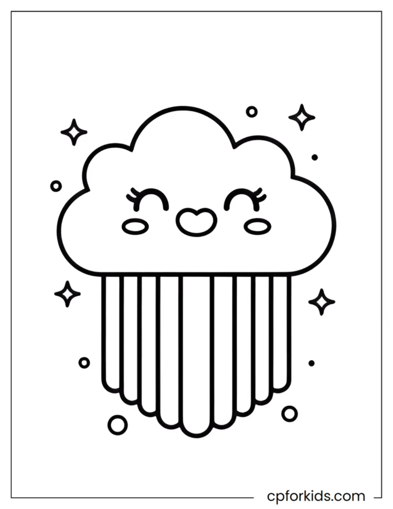 Simple cute coloring page showing a smiling cloud with a rainbow and small star details in clean black line art.