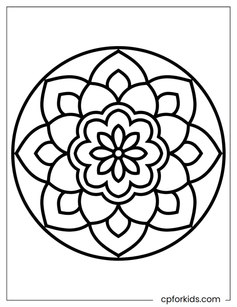 Simple Mandala Coloring Pages Simple and easy mandala coloring page with large patterns for beginners and seniors.