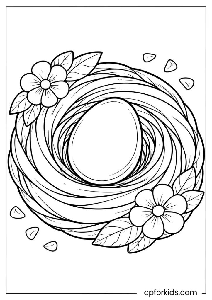 Simple egg in a nest with flowers coloring page for preschoolers