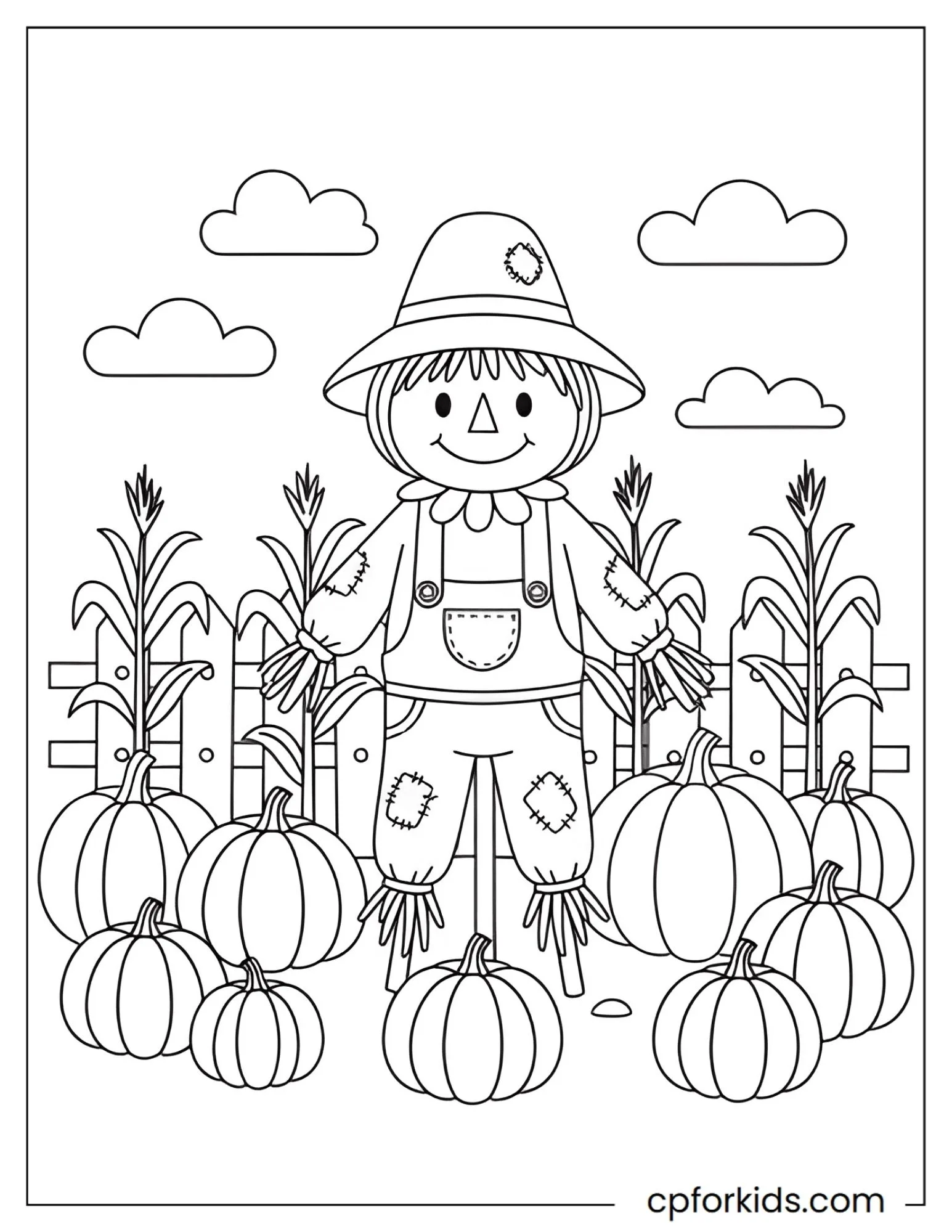 Scarecrow standing in a pumpkin field