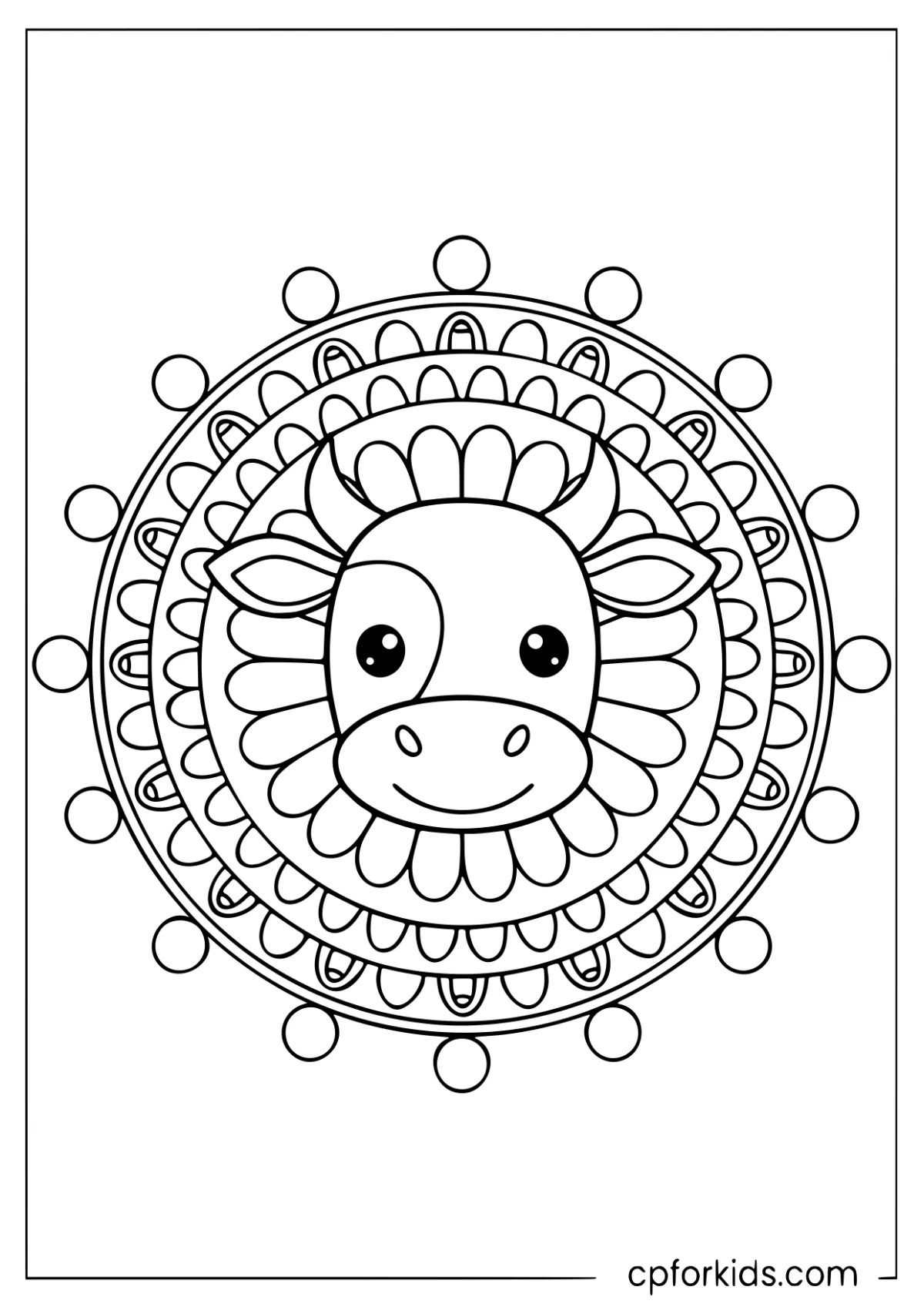 Smiling cow face inside a circular floral mandala