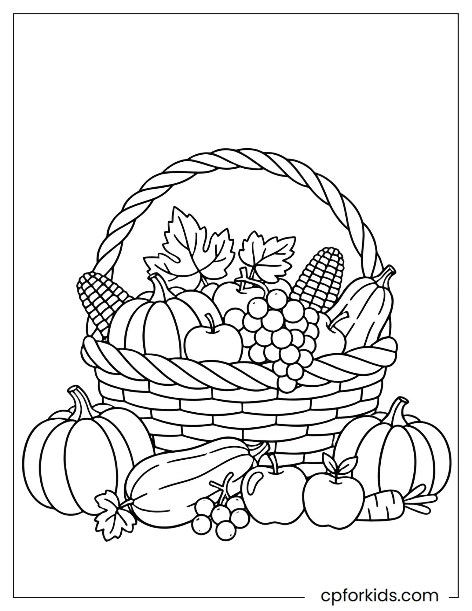 Basket of pumpkins, corn and fruit beneath autumn leaves