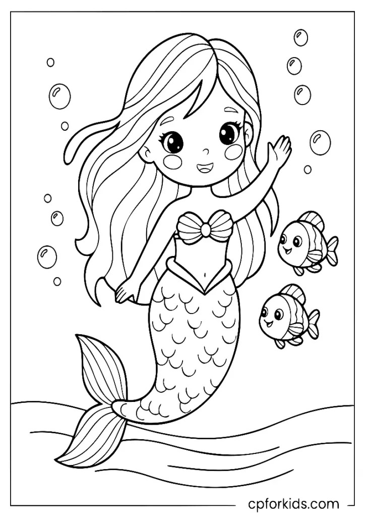 Simple mermaid waving to her fish friends coloring page