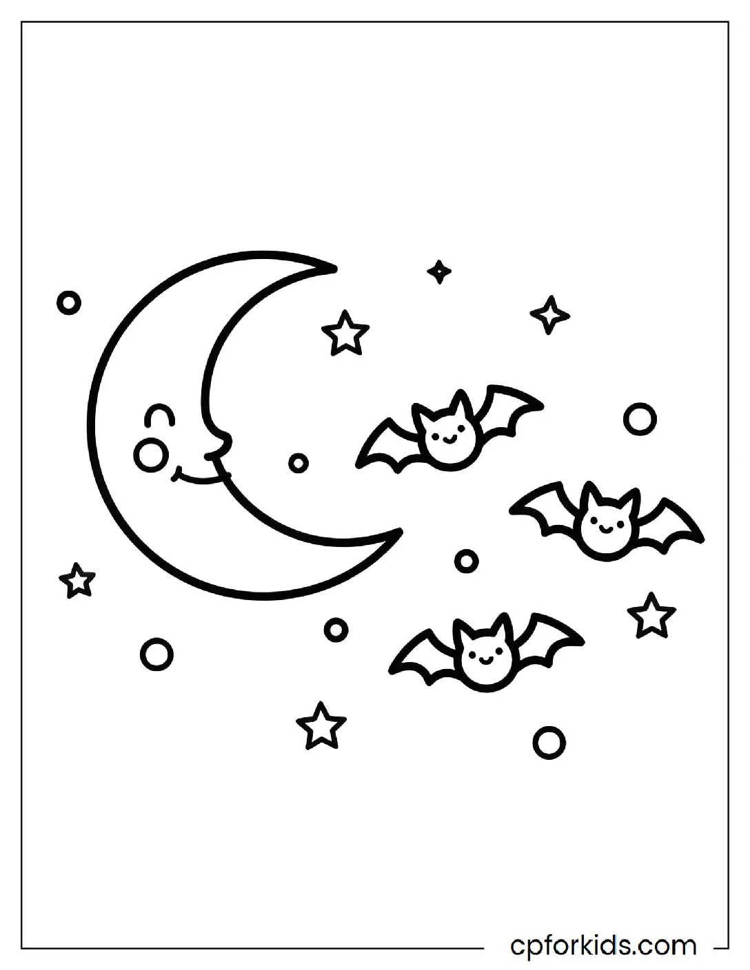 Crescent moon with three flying bats