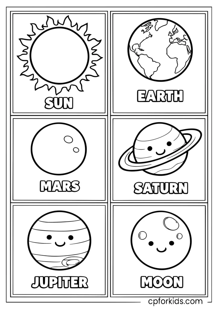 Simple planets coloring page with six labeled planet outlines in a clean grid for kids