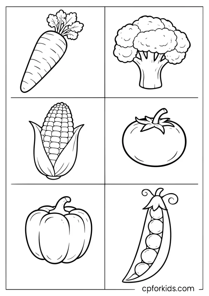 Simple outline of common vegetables coloring page for preschoolers