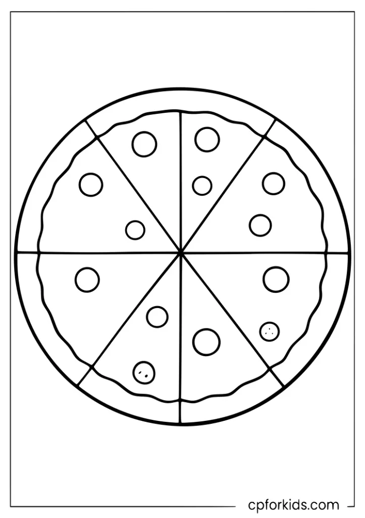 Simple large pizza outline with basic shapes coloring page for preschoolers