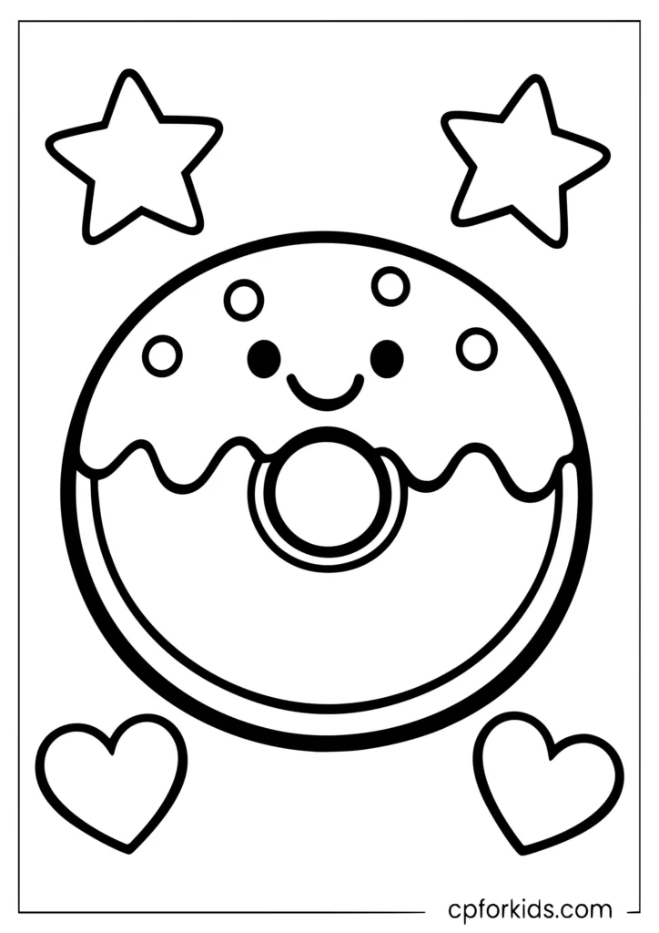 Simple smiling donut with wavy icing coloring page for preschoolers