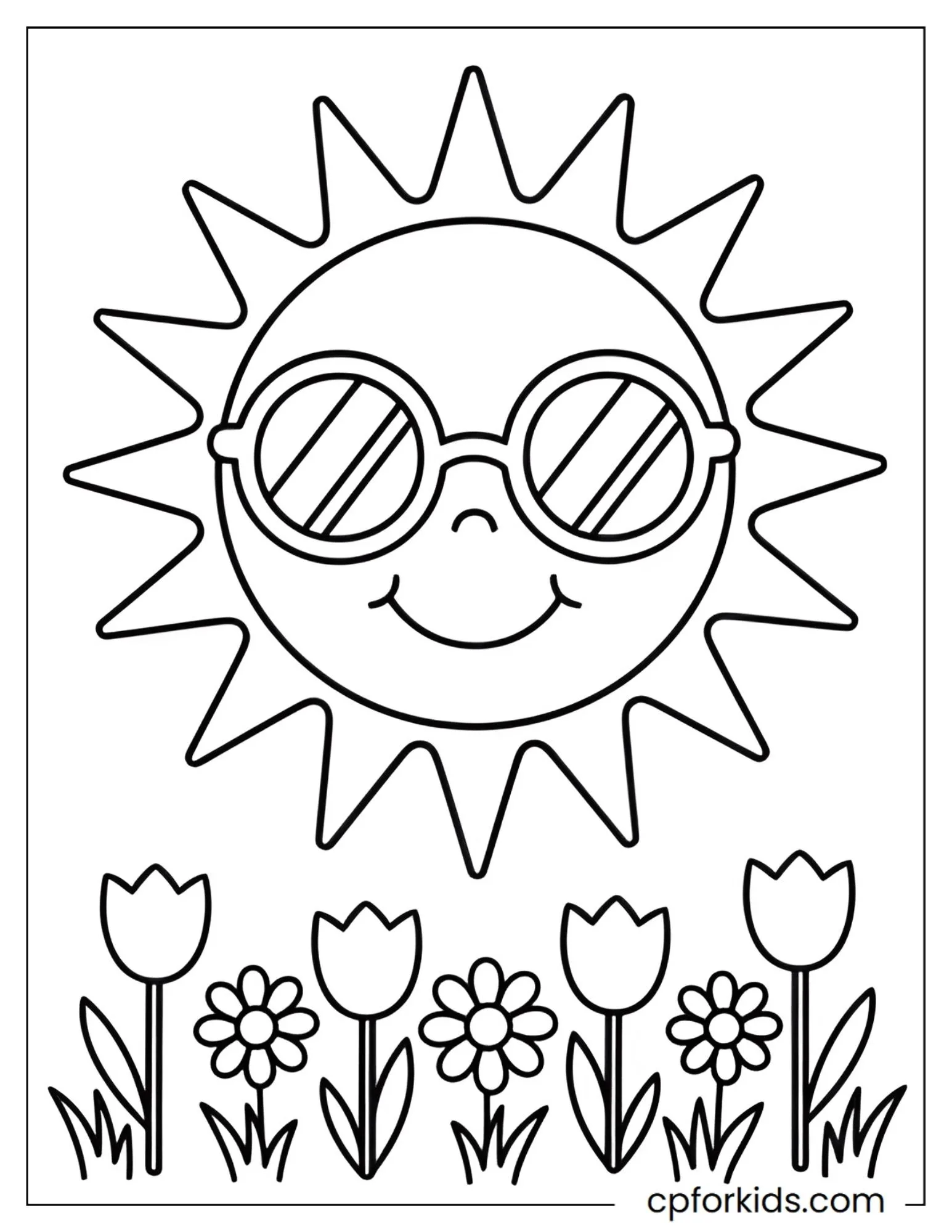 Smiling sun wearing sunglasses over a meadow