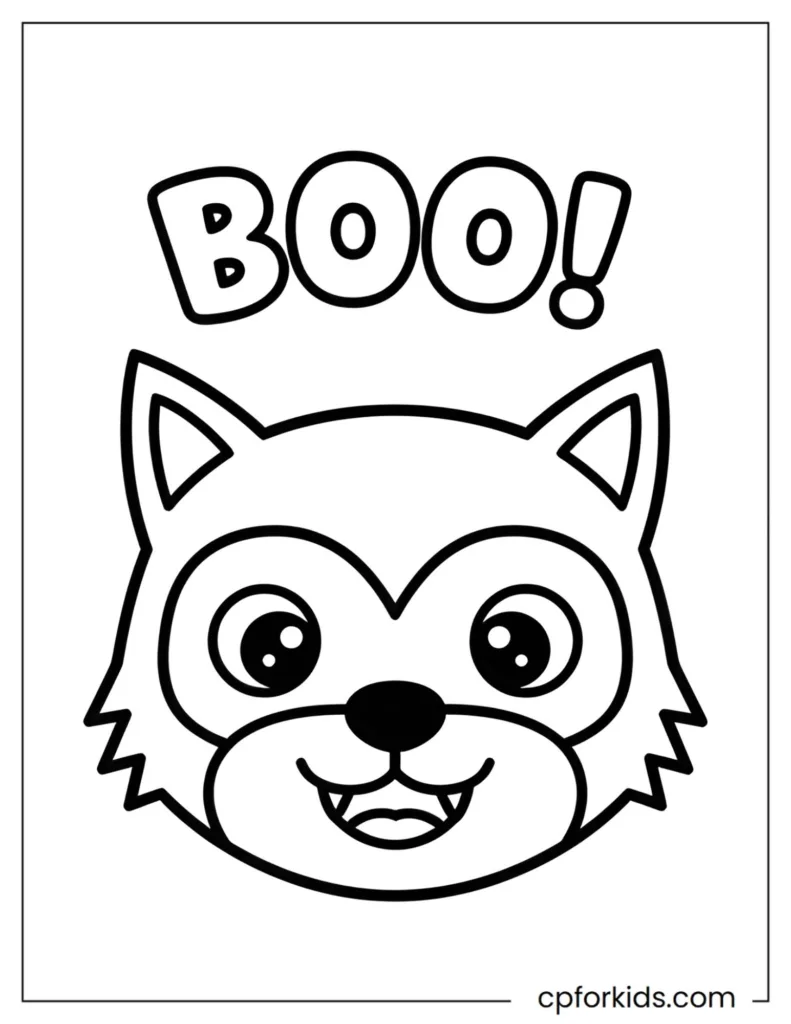 Simple werewolf head outline with "BOO!" text, easy coloring page for young kids.