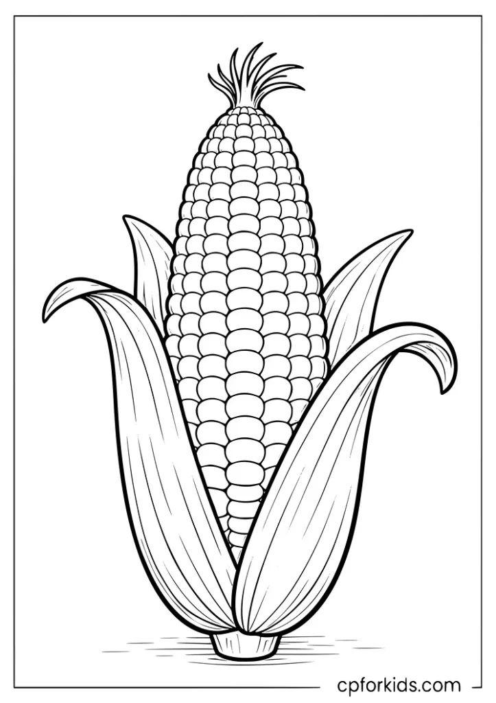 Single corn on the cob with husk leaves vegetable coloring page for kids