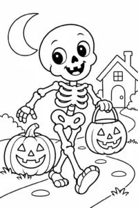 A friendly skeleton carrying a Halloween candy bucket