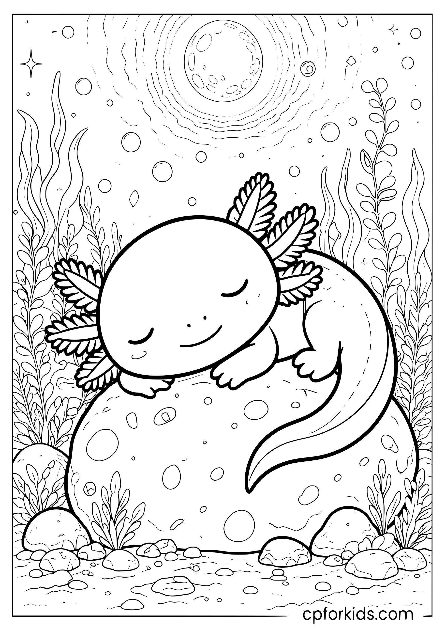 Sleeping Axolotl in a Nighttime Aquarium