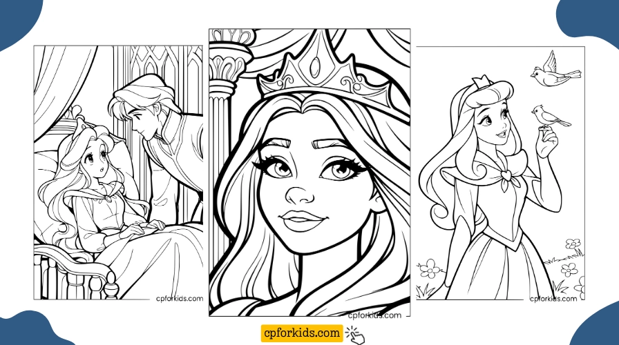 Free printable Sleeping Beauty coloring pages featuring Aurora waking up, Aurora crown portrait, and Aurora with birds