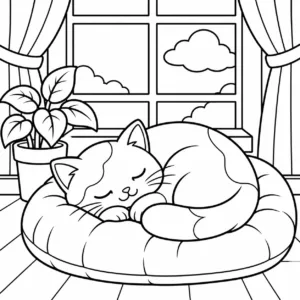 Curled sleeping cat on a cushion beside a window