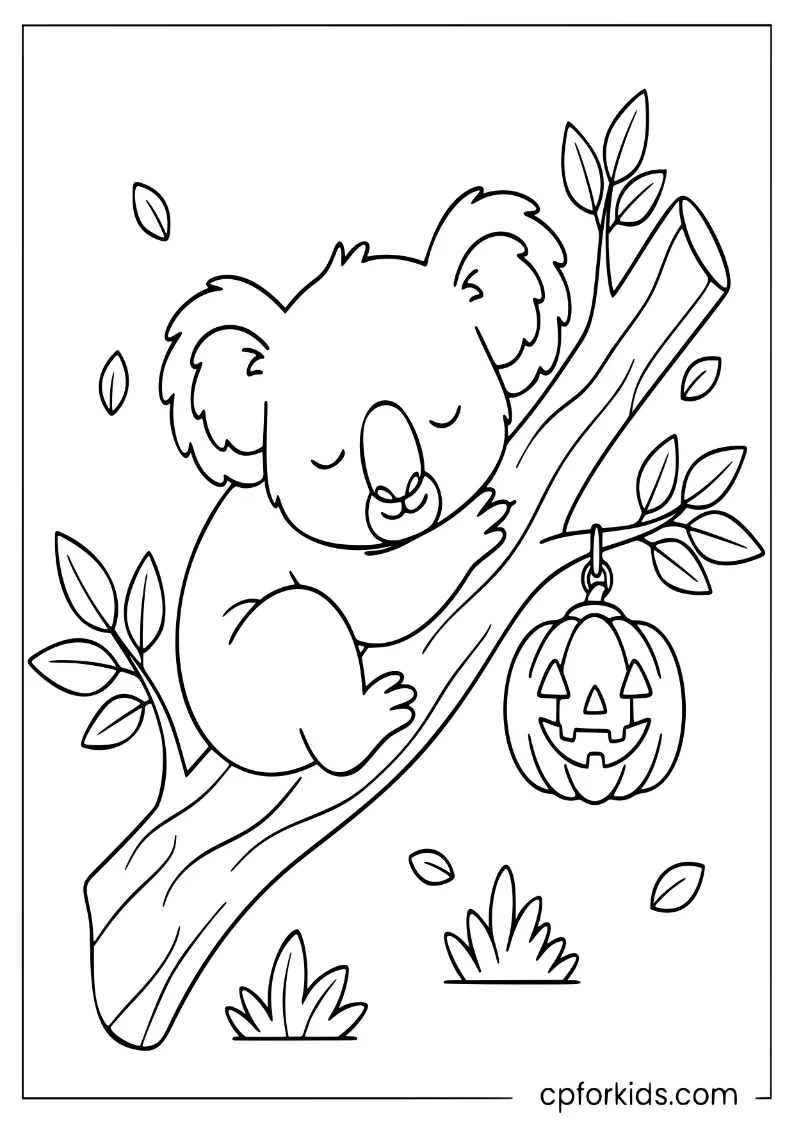 A koala sleeping on a tree branch next to a pumpkin lantern