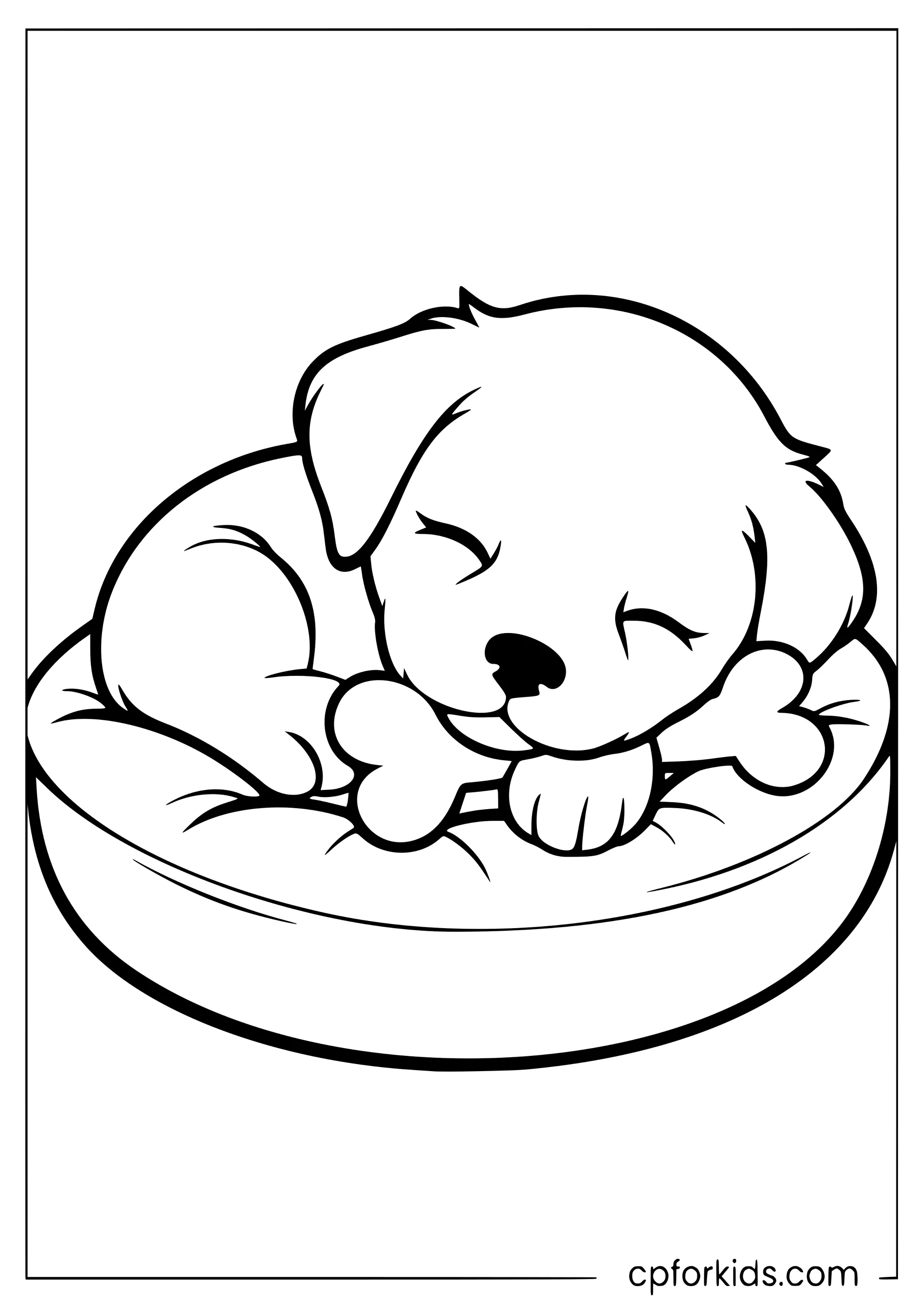 Puppy curled up asleep on a round cushion