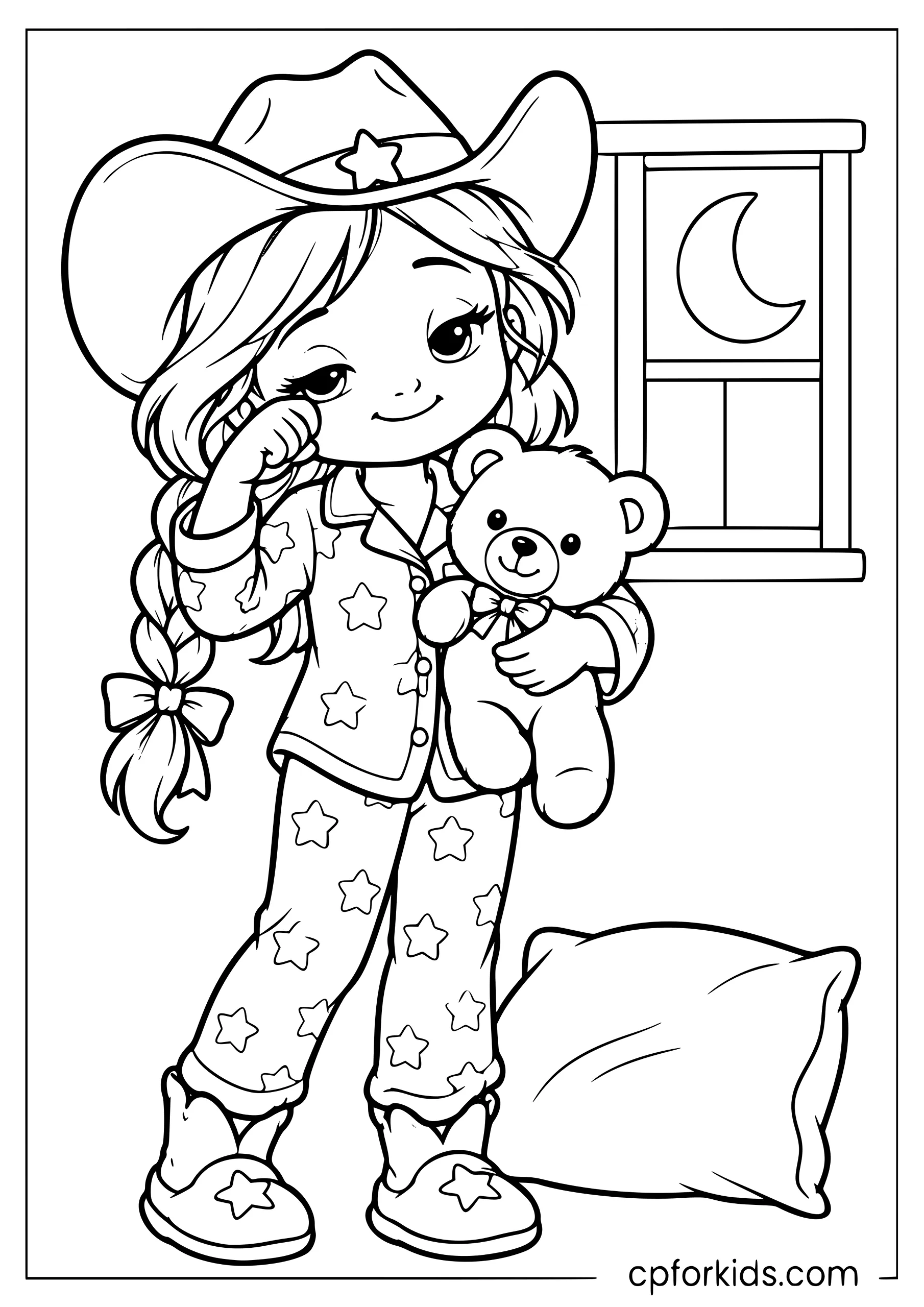 Sleepy cowgirl in pajamas holding a teddy bear and wearing a hat