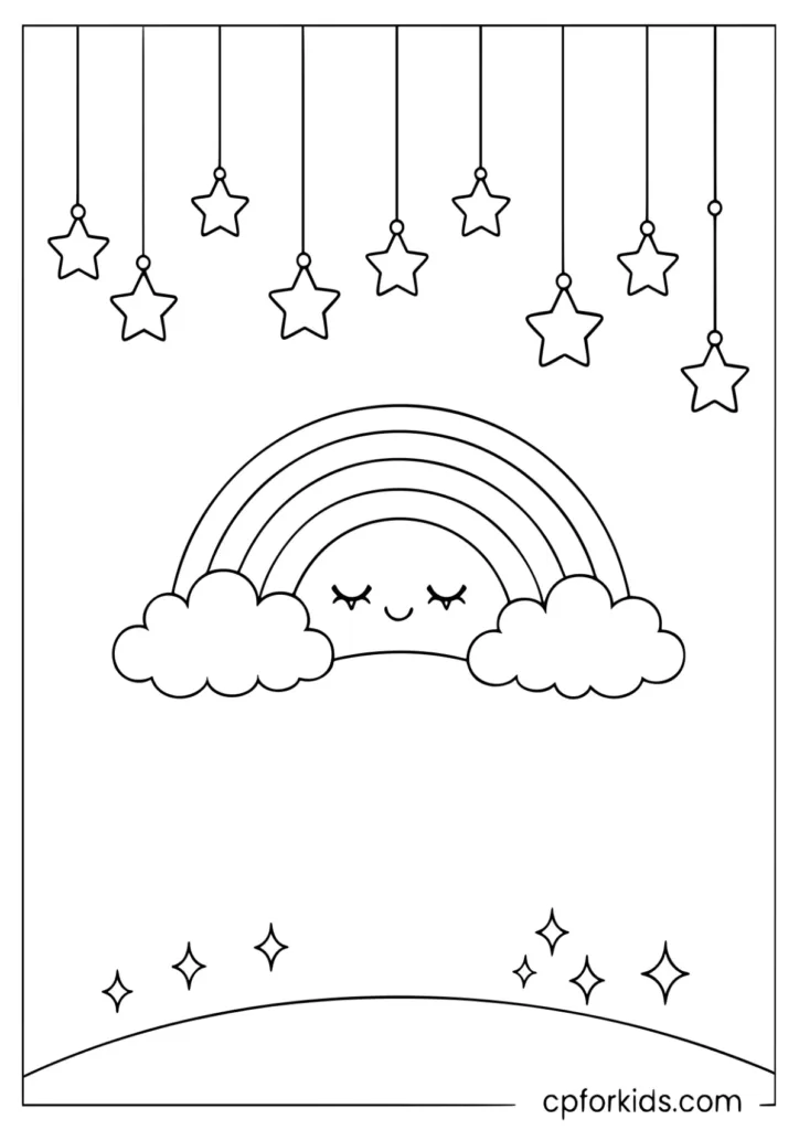 Sleepy rainbow with hanging stars coloring page