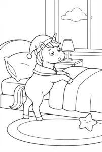 Sleepy unicorn climbing into a cozy bed