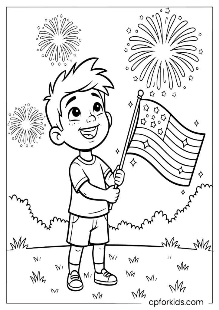 Toddler holding a light-up flag with fireworks exploding in the night sky.