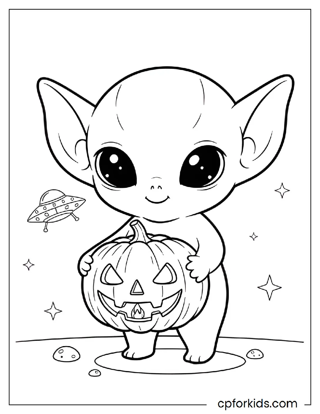 Small alien with large ears by a pumpkin