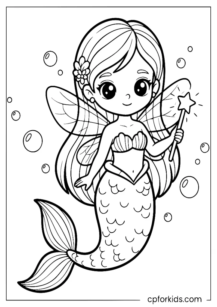 Small mermaid fairy holding a magical wand coloring page