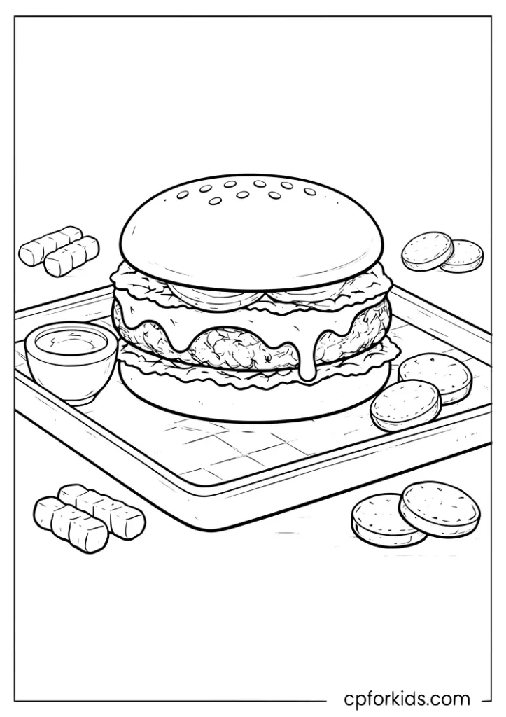 Smash burger on a tray coloring page