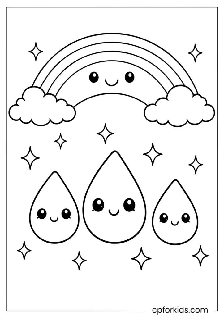 Smiley rainbow with happy raindrops coloring page for toddlers