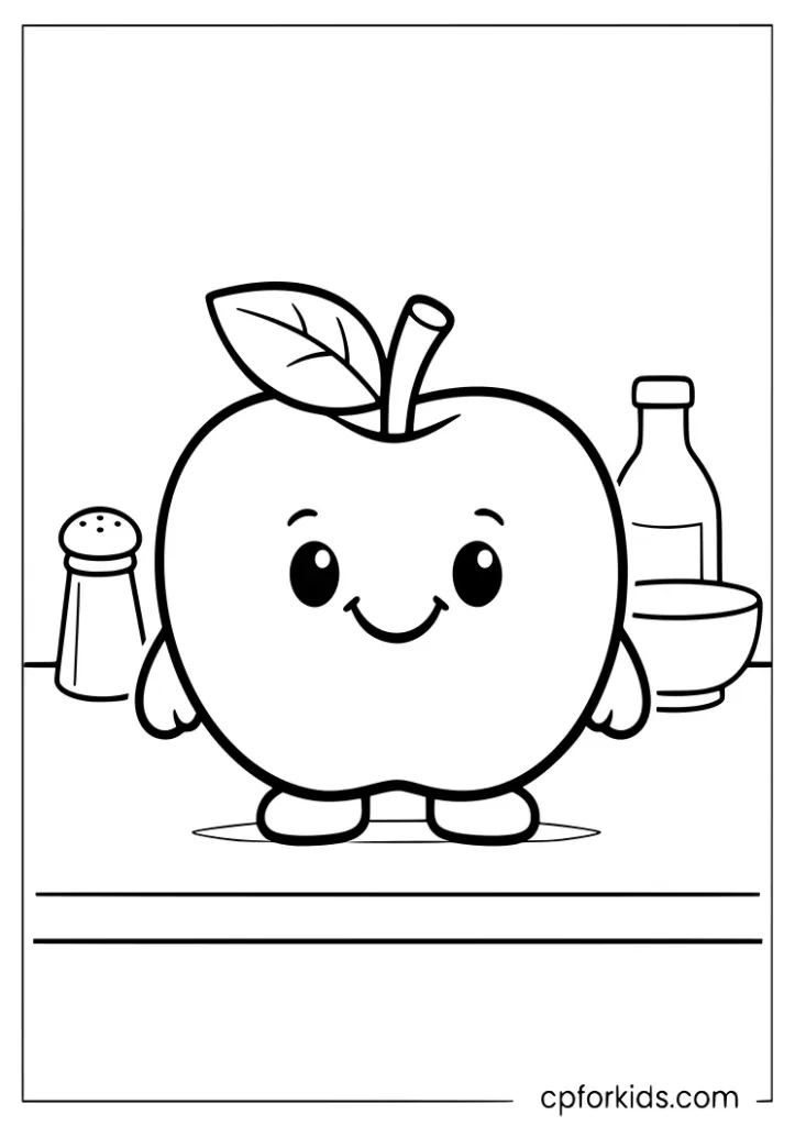 Smiling apple on a kitchen counter healthy food coloring page for kids