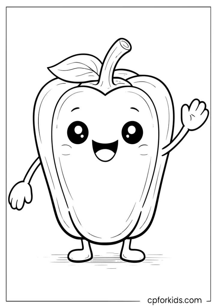 Smiling bell pepper vegetable character waving coloring sheet for preschoolers