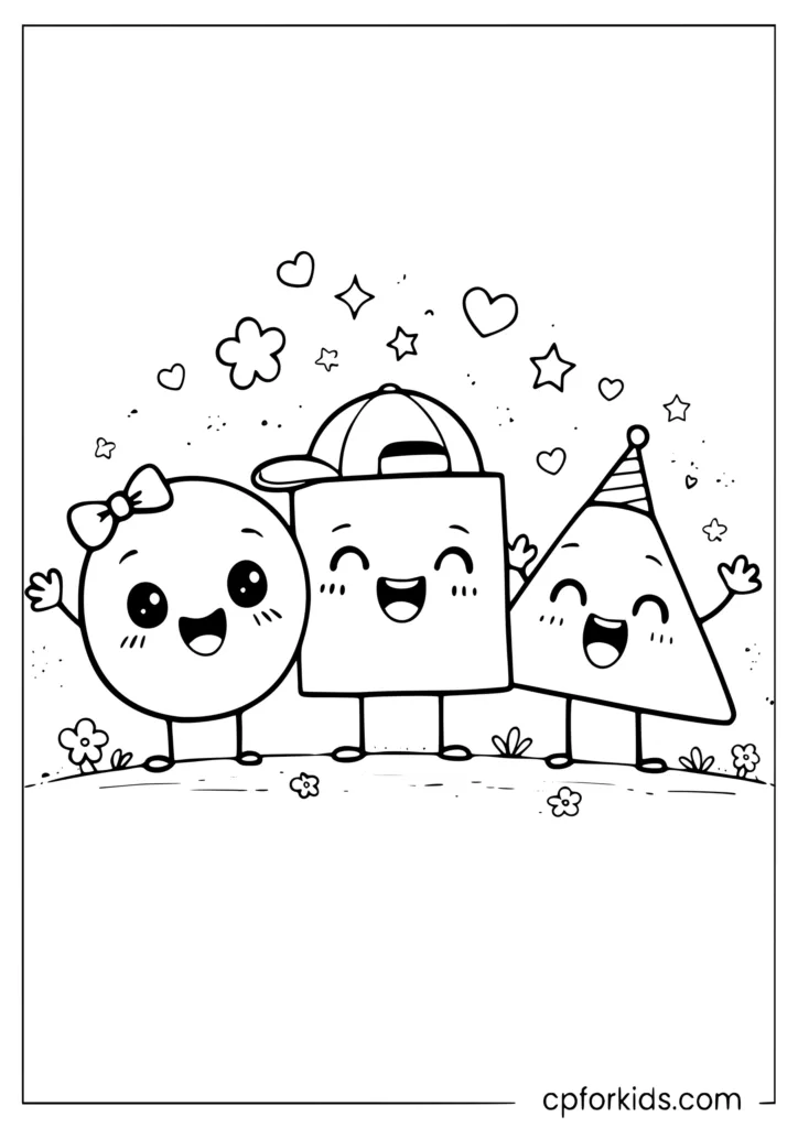 Smiling circle square and triangle friends coloring page for kids