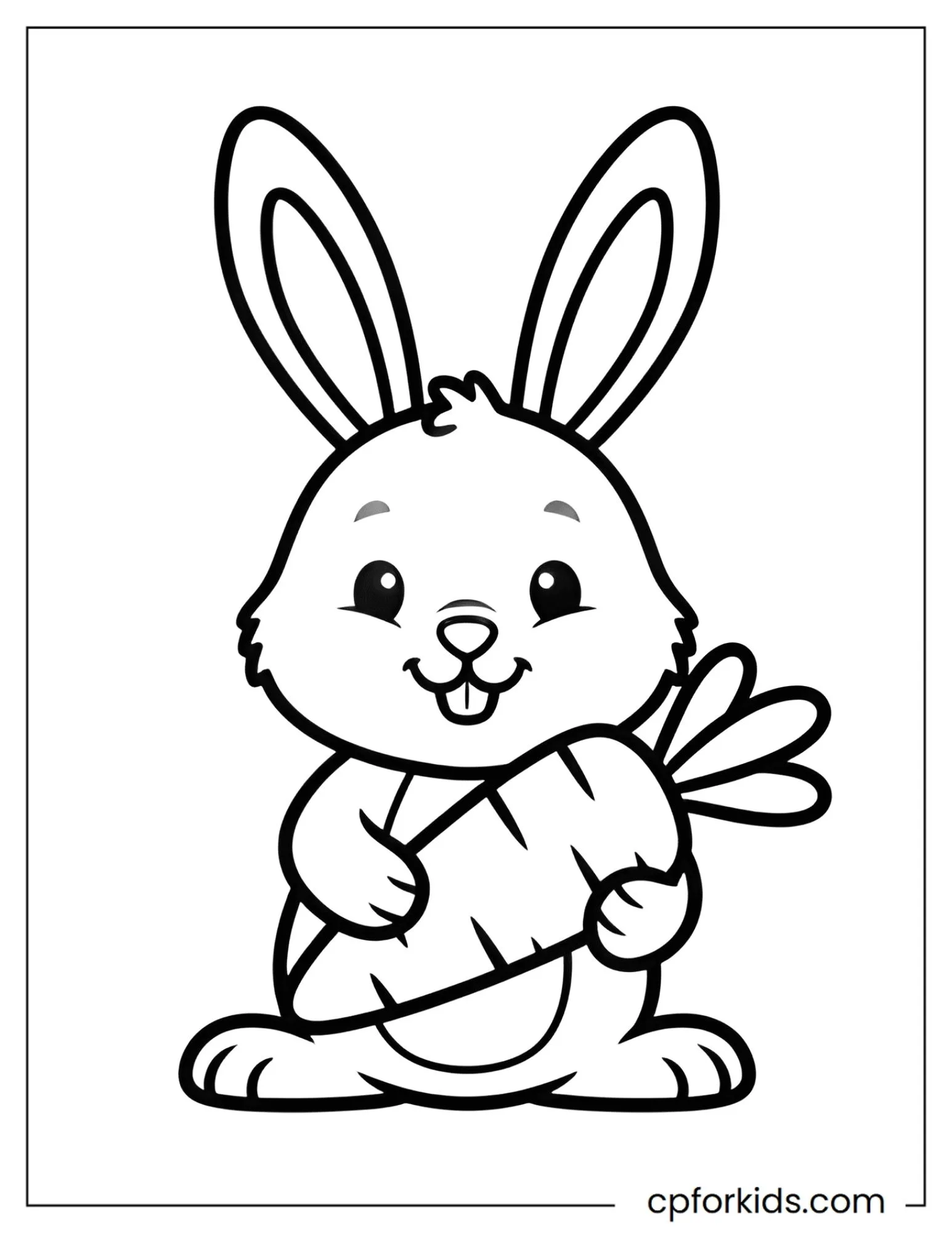 Smiling Easter bunny holding one large carrot