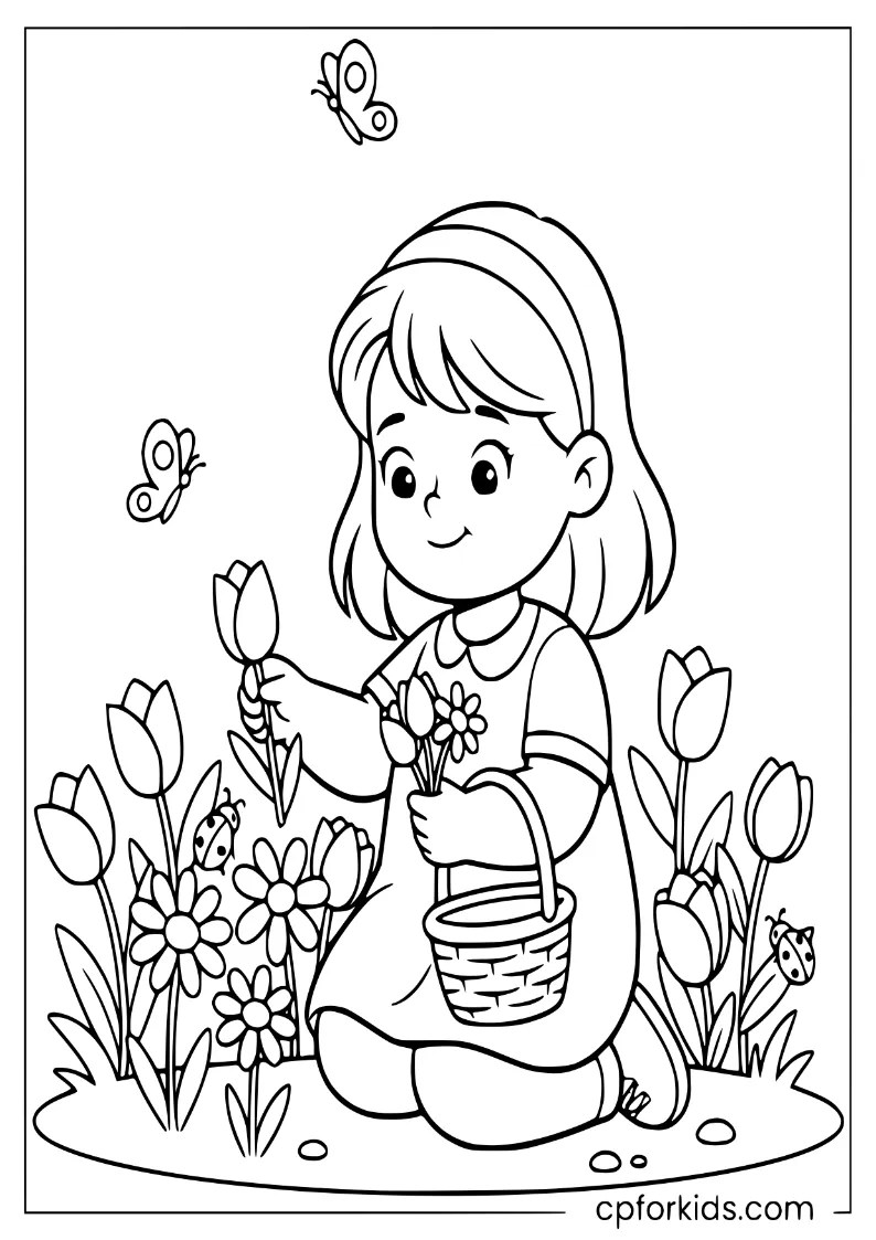 Smiling girl picking daisies and tulips